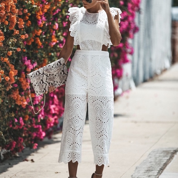 Vici Pants - Embroidered Ruffle Eyelet Jumpsuit